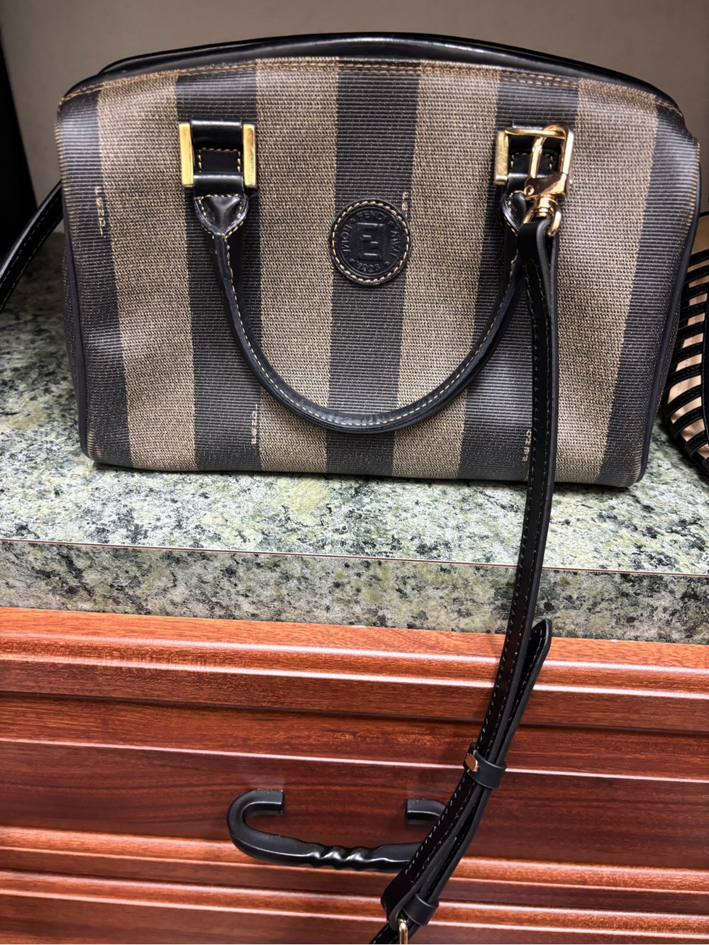Fendi Brown and Black Striped Dome Satchel with Gold Hardware